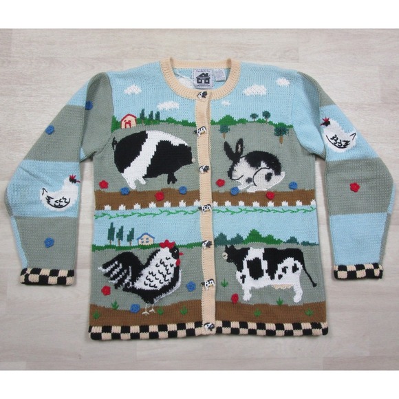 Storybook Knits Sweaters - Vintage StoryBook Knits "Dream Farm" Cardigan Womens (M) Cows Animal Teacher